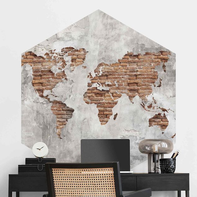 Papier peint effet brique Carte du Monde en Brique de Béton Shabby