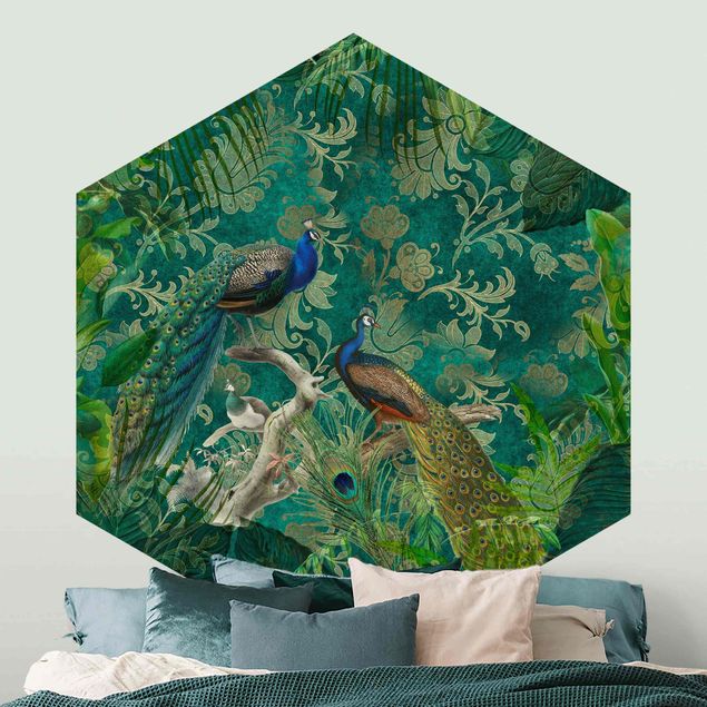 Tapisserie oiseaux Collage Shabby Chic - Paon noble II