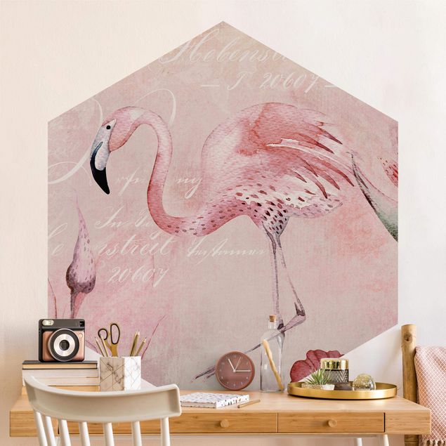 Papier peint oiseaux Collage Shabby Chic - Flamingo