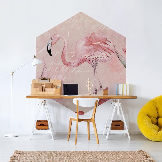 Papier peint flamant rose Collage Shabby Chic - Flamingo