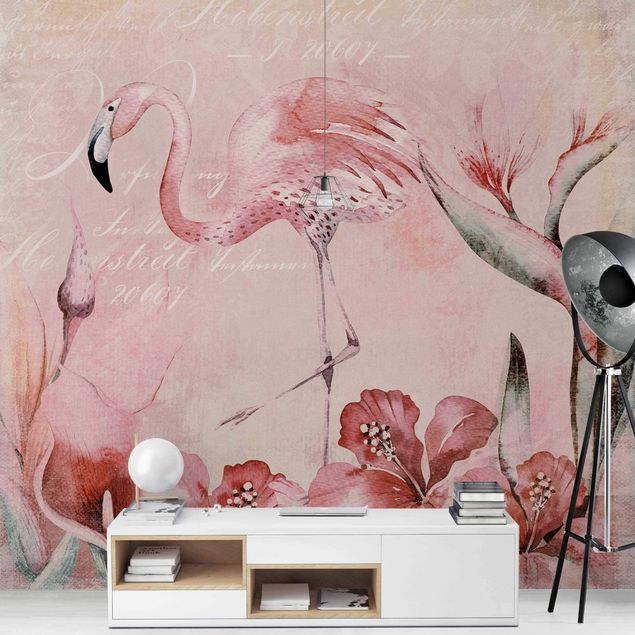 Papier peint flamant rose Collage Shabby Chic - Flamingo