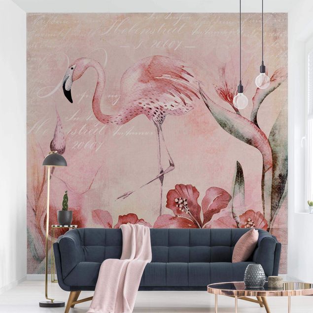 Papier peint moderne Collage Shabby Chic - Flamingo