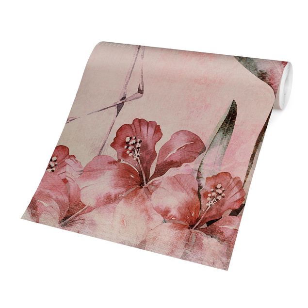 Papier peint fleurs Collage Shabby Chic - Flamingo
