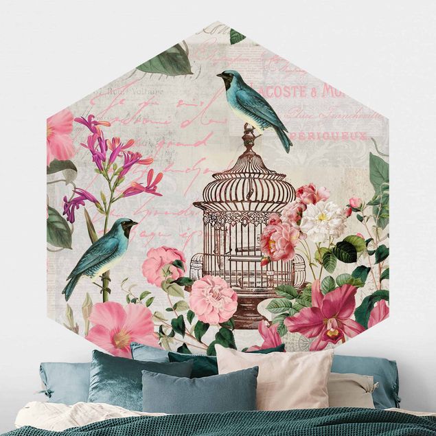 Papier peint hexagonal autocollant avec dessins - Shabby Chic Collage - Pink Flowers And Blue Birds