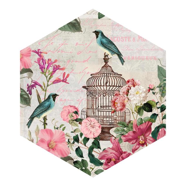 Papier peint rose Collage Shabby Chic - Fleurs roses et oiseaux bleus