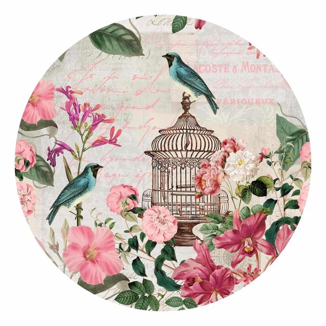 Papier peint floral Collage Shabby Chic - Fleurs roses et oiseaux bleus