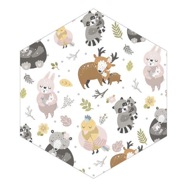 Papier peint hexagonal autocollant avec dessins - Scandinavian Animal Family Hugging