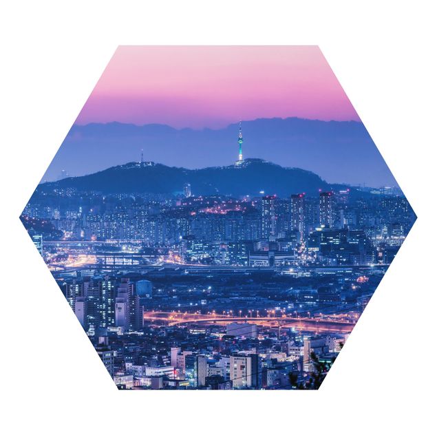 Tableau deco bleu Silhouette urbaine de Séoul