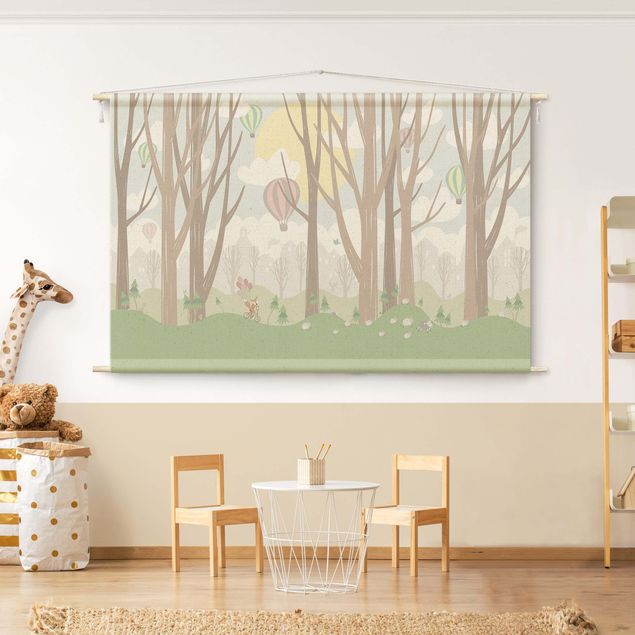 Tableau paysage Sun With Trees And Hot-Air Balloon
