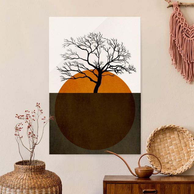 Tableaux en verre coucher de soleil Soleil avec arbre
