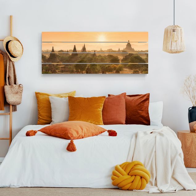 Tableaux en bois avec paysage Coucher de soleil sur Bagan