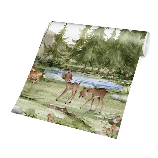 Papier peint animaux forêt Faons jouant au bord de la rivière