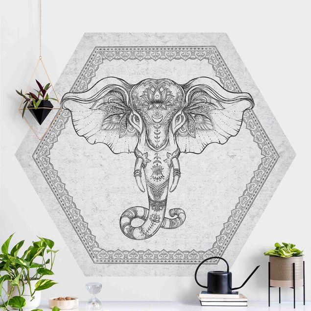 Papier peint hexagonal autocollant avec dessins - Spiritual Elephant In Concrete Look