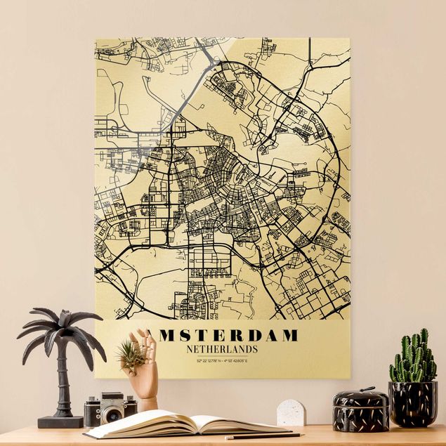 Tableaux en verre noir et blanc Plan de ville d'Amsterdam - Classique