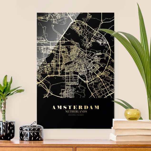 Tableaux en verre noir et blanc Plan de ville d'Amsterdam - Noir classique