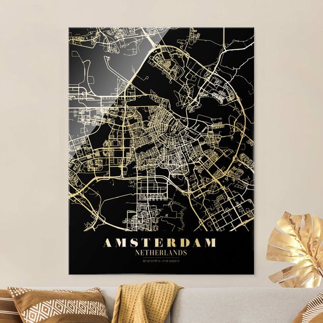 Tableaux en verre noir et blanc Plan de ville d'Amsterdam - Noir classique