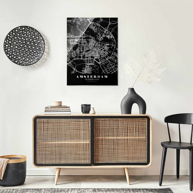 Tableaux en verre mappemonde Plan de ville d'Amsterdam - Noir classique
