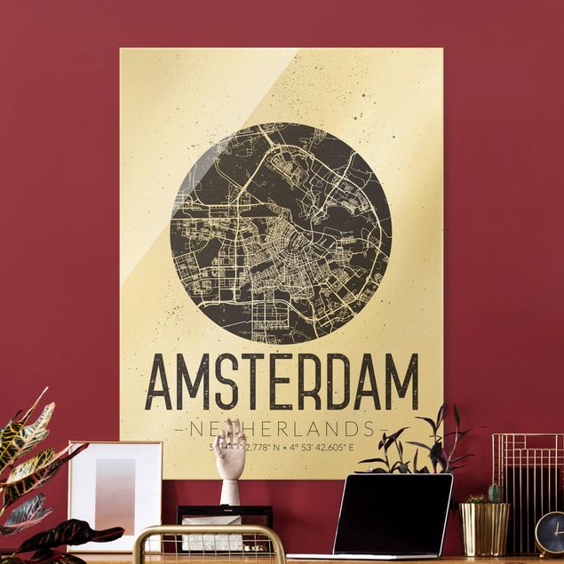 Tableaux en verre noir et blanc Plan de ville d'Amsterdam - Rétro