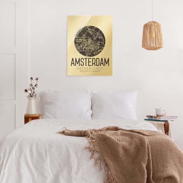 Tableaux en verre mappemonde Plan de ville d'Amsterdam - Rétro