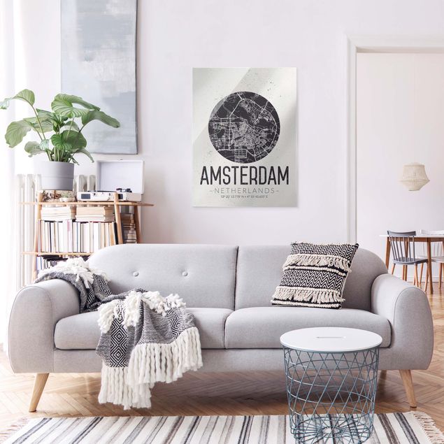 Tableaux en verre citations Plan de ville d'Amsterdam - Rétro