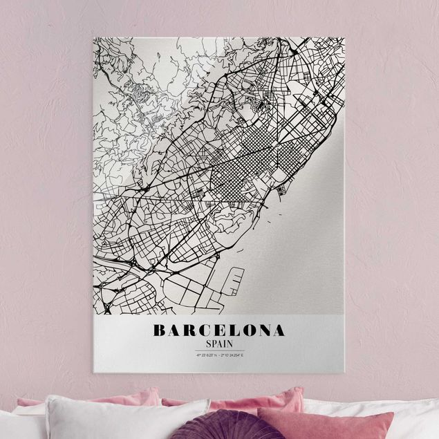Tableaux en verre noir et blanc Plan de ville de Barcelone - Classique
