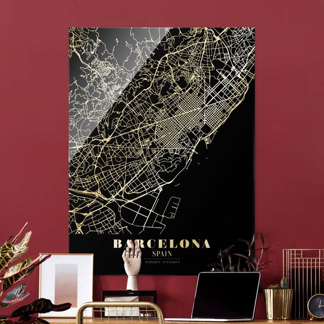 Tableaux en verre architecture & skyline Plan de ville de Barcelone - Noir classique