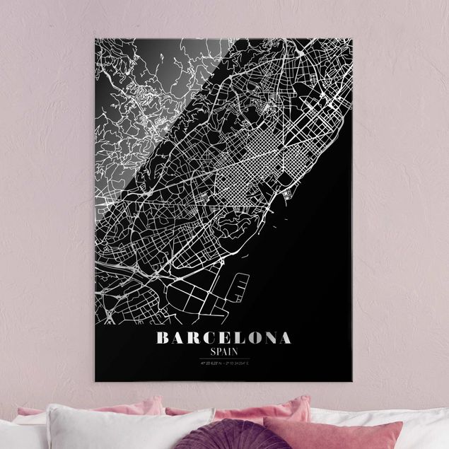 Tableaux en verre architecture & skyline Plan de ville de Barcelone - Noir classique