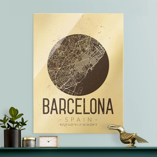 Tableaux en verre noir et blanc Plan de ville de Barcelone - Rétro