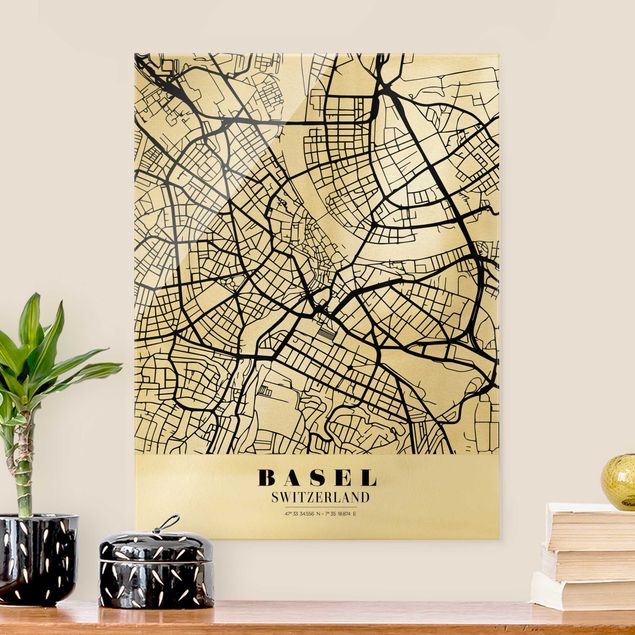 Tableaux en verre noir et blanc Plan de la ville de Bâle - Classique