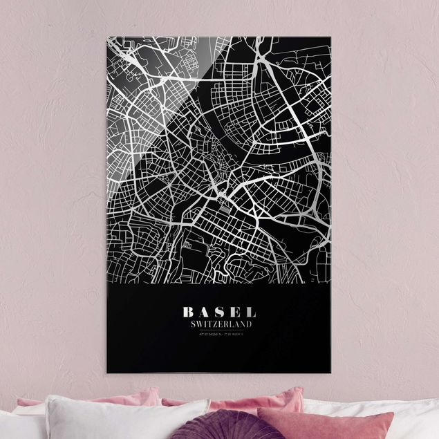 Tableaux en verre noir et blanc Plan de ville de Bâle - Noir classique