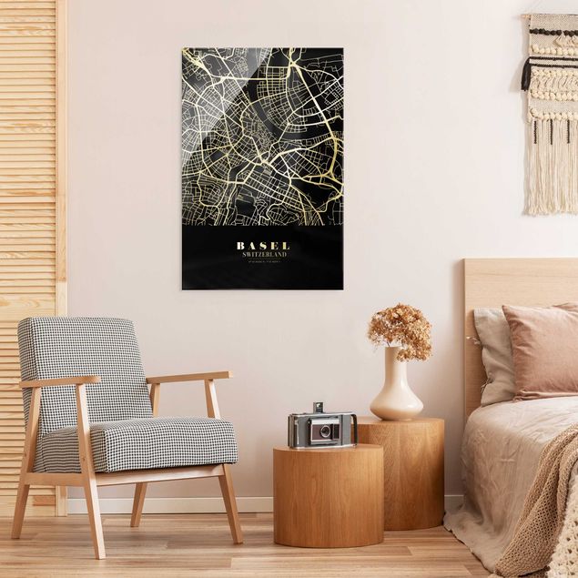 Tableaux en verre mappemonde Plan de ville de Bâle - Noir classique
