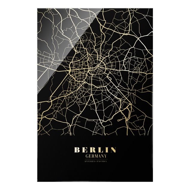 Tableaux en verre noir et blanc Plan de la ville de Berlin - Noir classique
