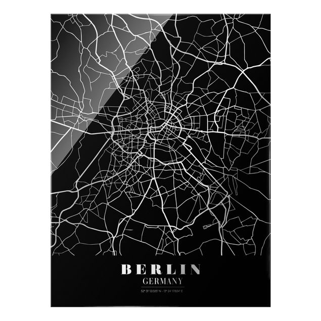 Tableaux en verre noir et blanc Plan de la ville de Berlin - Noir classique