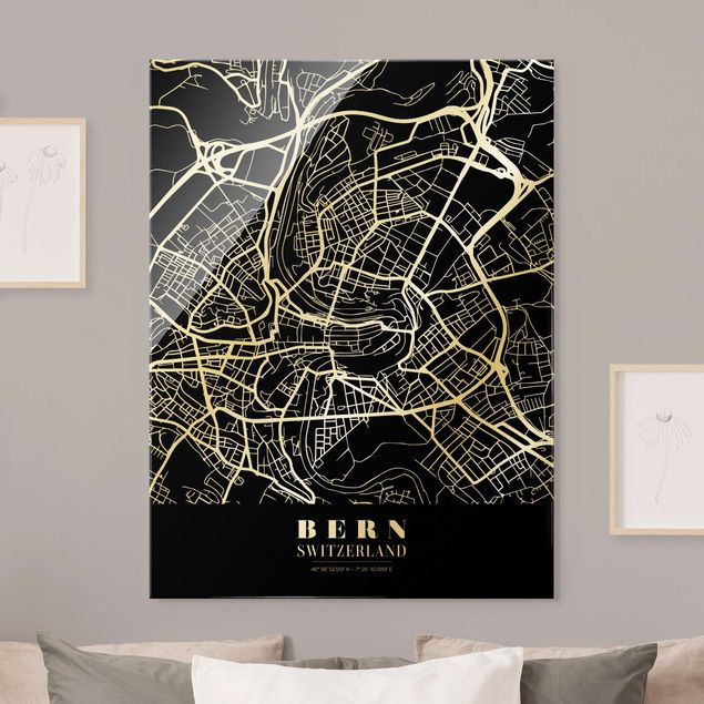 Tableaux en verre noir et blanc Plan de ville de Berne - Noir classique