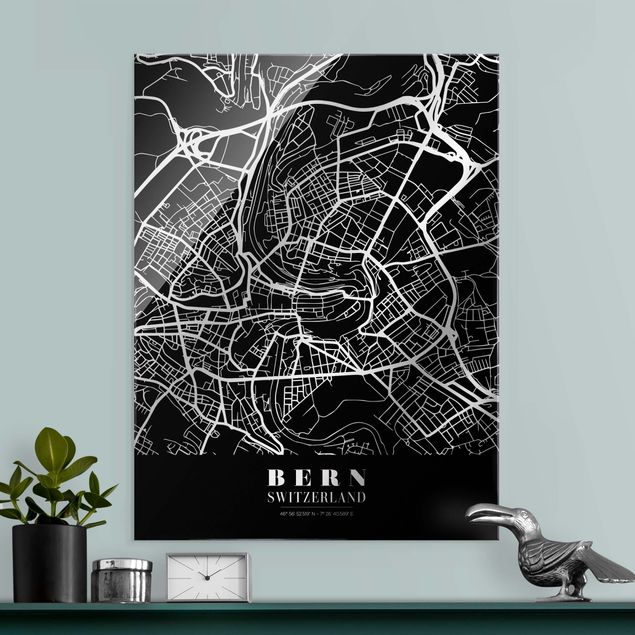 Tableaux en verre noir et blanc Plan de ville de Berne - Noir classique