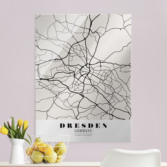 Tableaux en verre noir et blanc Plan de ville de Dresde - Classique