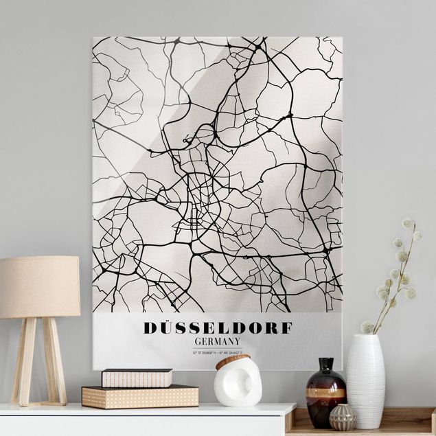 Tableaux en verre noir et blanc Plan de ville de Dusseldorf - Classique
