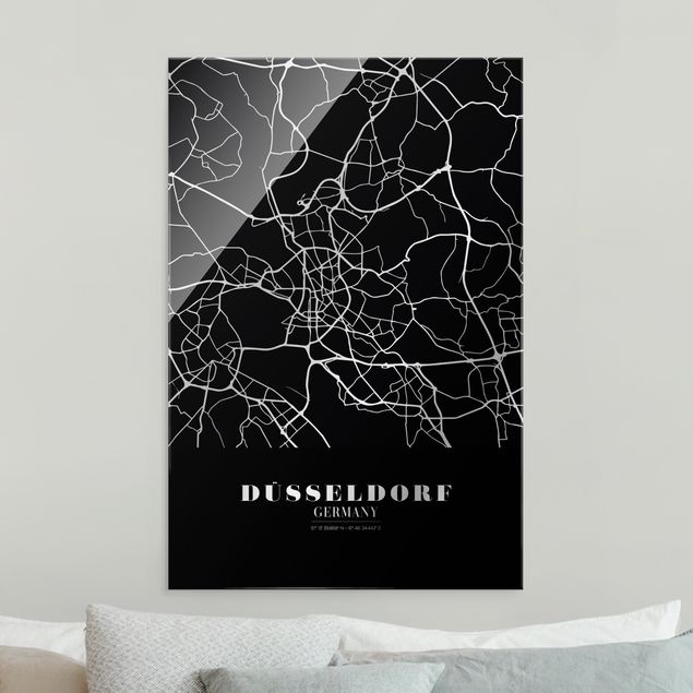 Tableaux en verre noir et blanc Plan de ville de Dusseldorf - Noir classique