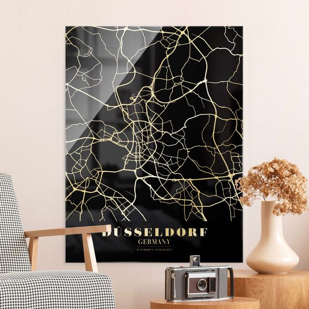 Tableaux en verre noir et blanc Plan de ville de Dusseldorf - Noir classique