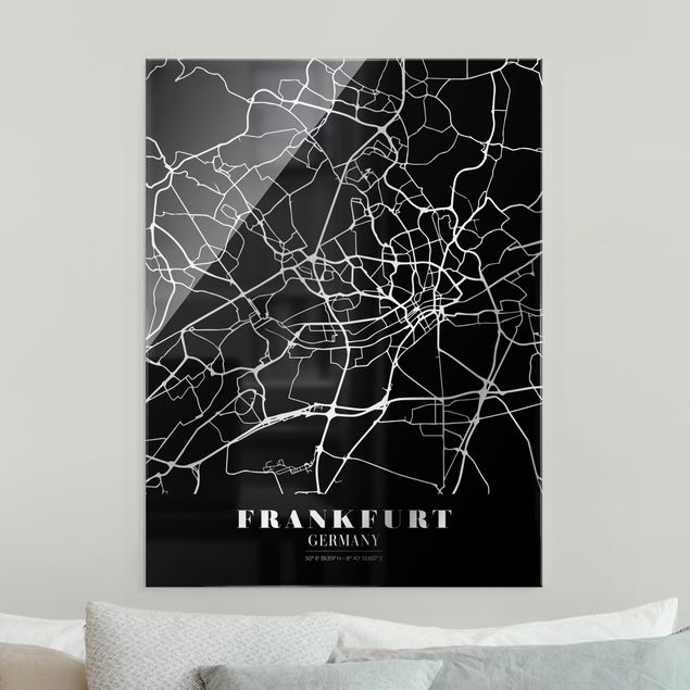 Tableaux en verre noir et blanc Plan de ville de Francfort - Noir classique