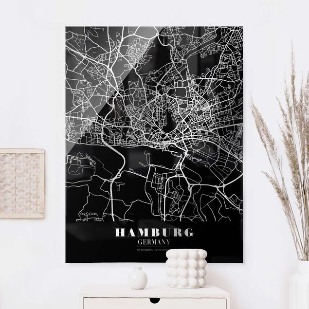 Tableaux en verre Hambourg Plan de ville de Hambourg - Noir classique