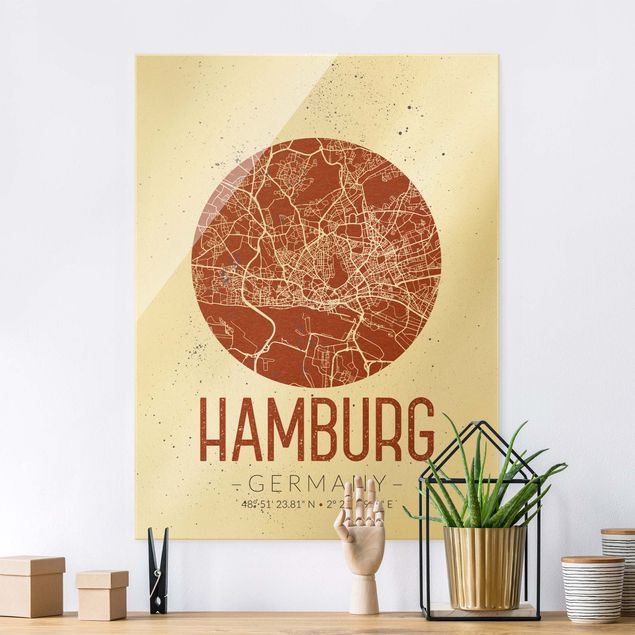 Tableaux en verre Hambourg Plan de ville de Hambourg - Rétro