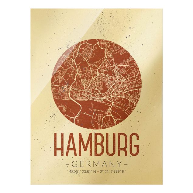 Tableaux en verre citations Plan de ville de Hambourg - Rétro