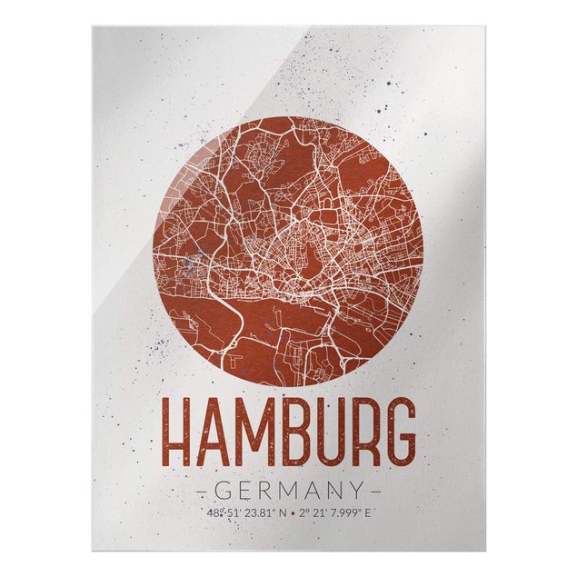 Tableaux en verre citations Plan de ville de Hambourg - Rétro