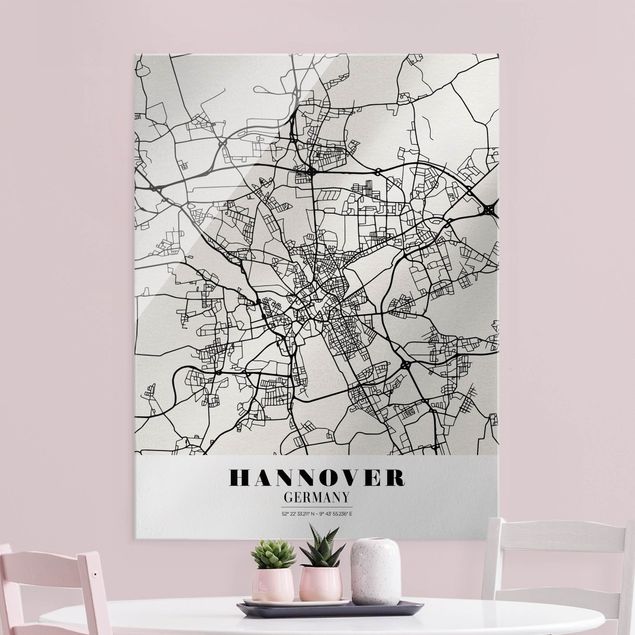 Tableaux en verre noir et blanc Plan de ville de Hanovre - Classique