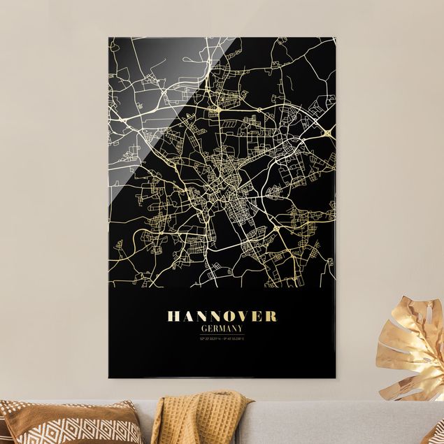 Tableaux en verre noir et blanc Plan de ville de Hanovre - Noir classique