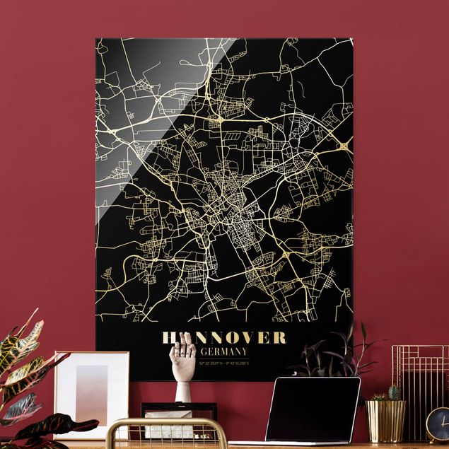 Tableaux en verre noir et blanc Plan de ville de Hanovre - Noir classique