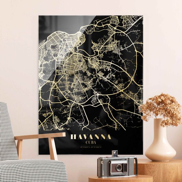 Tableaux en verre noir et blanc Plan de ville de La Havane - Noir classique