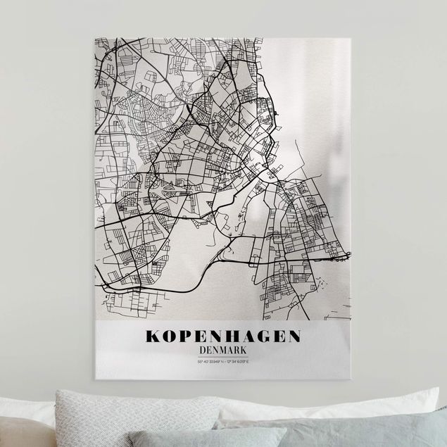 Tableaux en verre noir et blanc Plan de ville de Copenhague - Classique