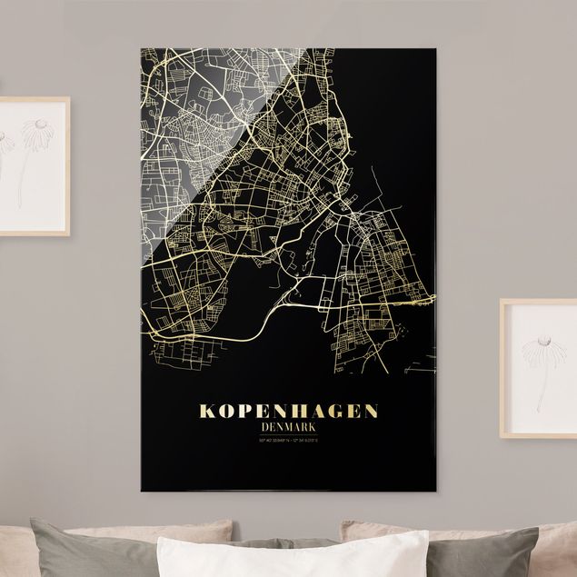 Tableaux en verre noir et blanc Plan de ville de Copenhague - Noir classique